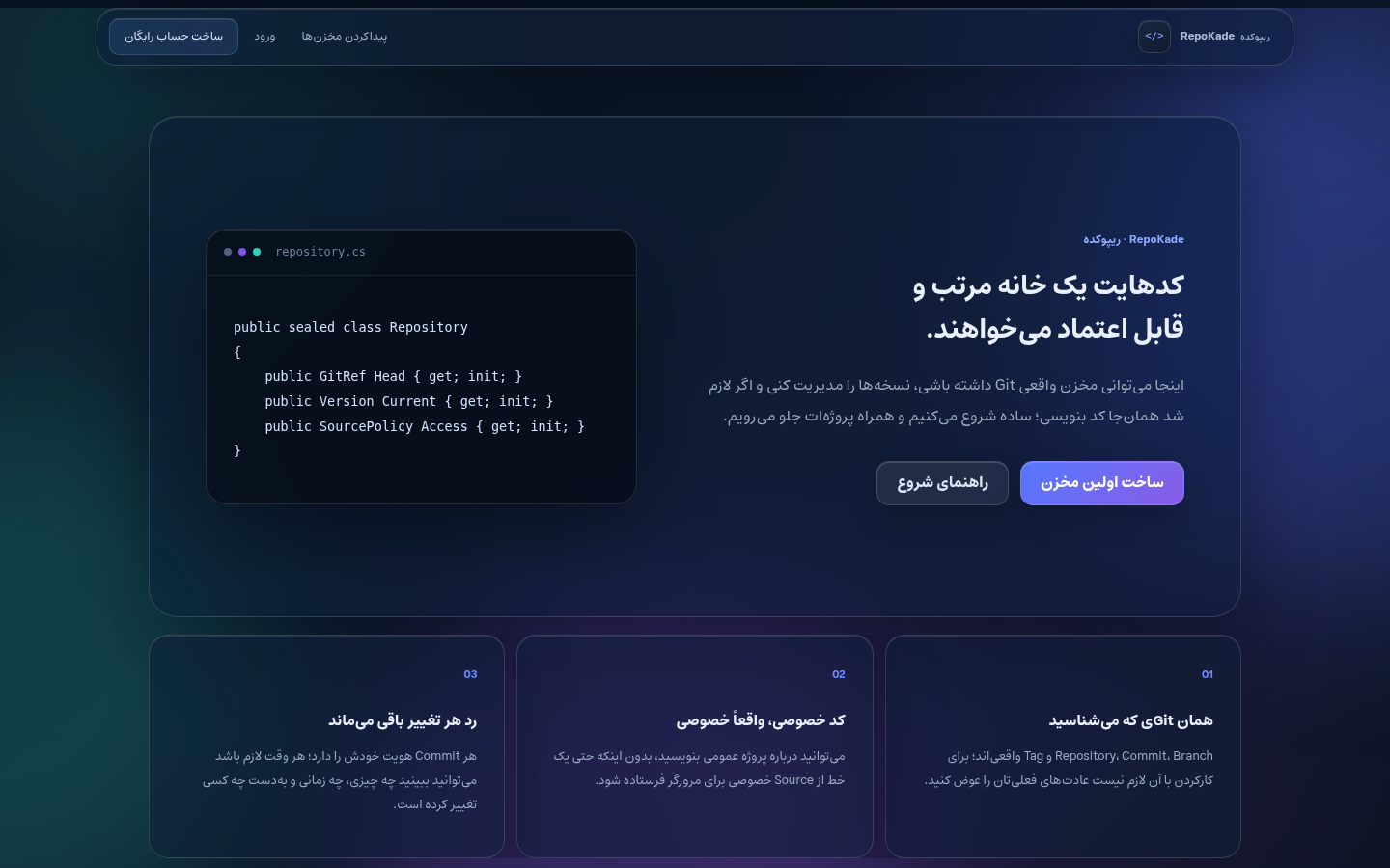 نمای اصلی پروژه ریپوکده؛ خانه‌ای برای کدهایی که قرار است رشد کنند